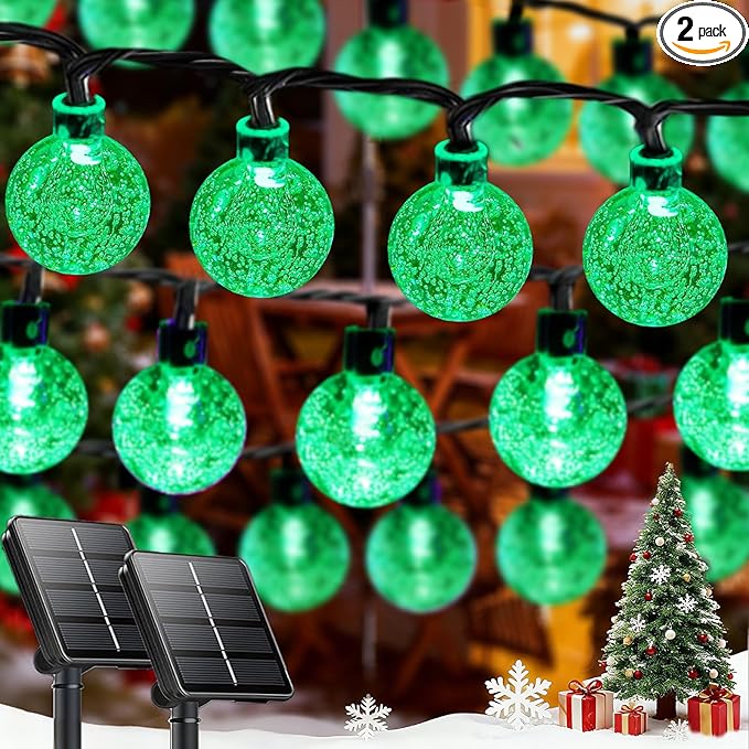 LORRYTE 2-Pack 100 LED Green Solar Christmas Lights Outdoor - 64FT Crystal Globe Waterproof Solar String Lights with 8 Lighting Modes for Christmas Decorations, Garden, Patio, Party, Porch