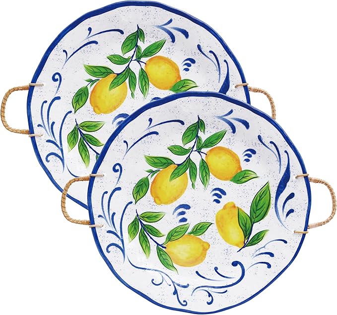 TP 19" Large Serving Tray with Rattan Handle, Melamine Round Serving Platters, Decorative Trays for Kitchen, Parties, Entertaining, Set of 2