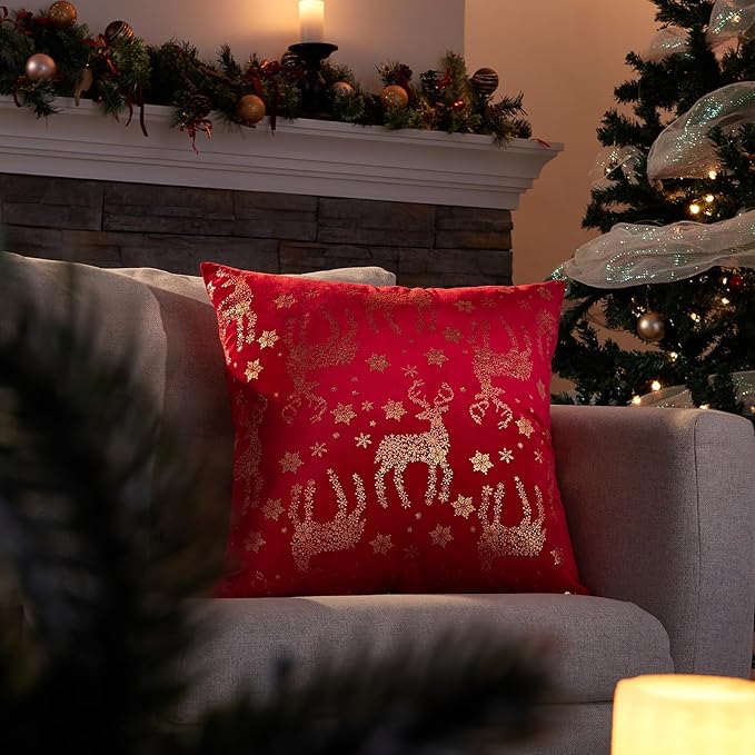 Topfinel Pillow Covers 20x20 Set of 2, Velvet Snowflake Deer Decorative Pillow Case Spring Holiday Decor for Home Couch,Red and Gold