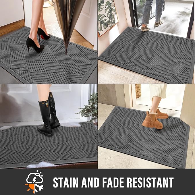 Sturdy Front Door Mat, Absorbent Muddy Dirt Resist Welcome Door Mats Outdoor Indoor, Stain and Fade Resistant, Non-Slip Rubber Backing Low Profile Doormat for Entryway, 60×36, Charcoal