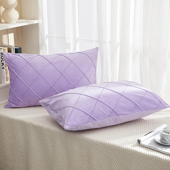JAUXIO Diamond Pinch Pleated Crystal Velvet Pillowcases 2 Pack Solid Pintuck Throw Cushion Cover for Home Decor Hidden Zipper Closure (Lilac, Standard)