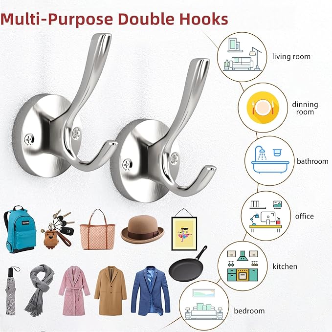 ZUONAI Towel Hooks for Bathrooms Wall Mounted 2 Pack Brushed Nickel Coat Hooks Heavy Duty Towel Wall Hooks for Coats Robes Hats Bath Entryway Cubicle Kitchen