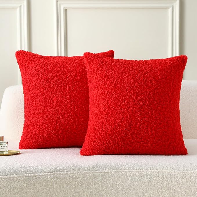 FUTEI Red Throw Pillow Covers 20x20 Inch Set of 2,Furry Faux Fur Teddy Boucle Textured Cushion Covers,Soft Fluffy Decorative Pillow Case,Home Decor for Couch Bed Living Room Office Car
