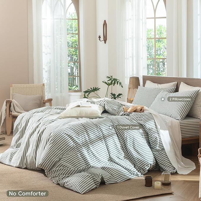 MooMee Striped Duvet Cover Set 100% Washed Cotton Linen Like Textured Breathable Durable Soft Comfy (Heathered Green Classic Stripes, Super Queen 90"x98")