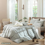 MooMee Striped Duvet Cover Set 100% Washed Cotton Linen Like Textured Breathable Durable Soft Comfy (Heathered Green Classic Stripes, Full 80"x90")