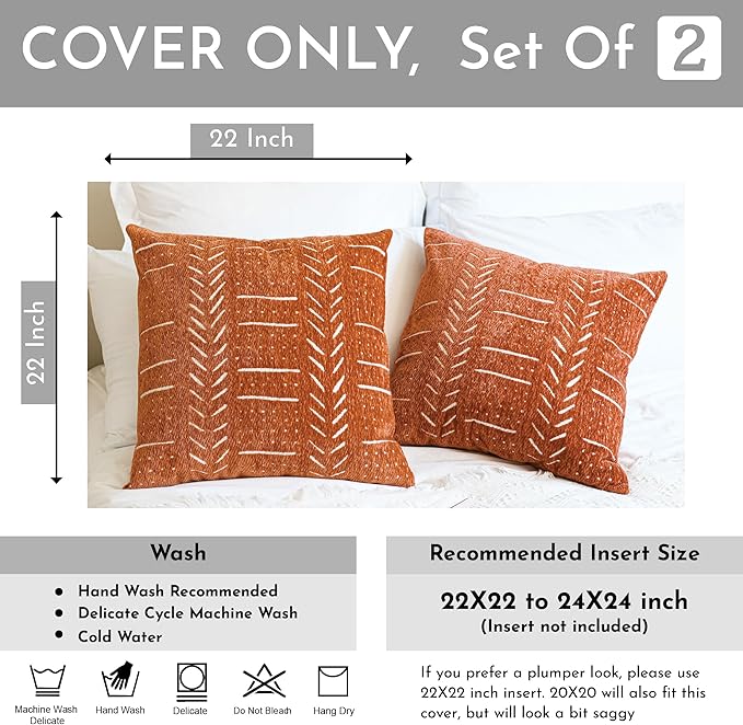 BlissBlush Fall Brick Red Decorative Throw Pillow Covers 22X22, Set of 2, Boho Farmhouse Cushion Cover, Cozy Soft Accent Pillowcase for Couch Sofa Bed Living Room Home Décor
