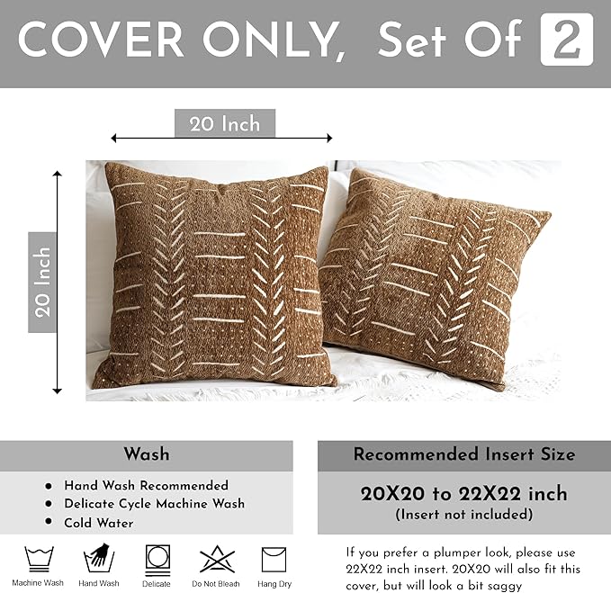 BlissBlush Fall Brown Decorative Throw Pillow Covers 20X20, Set of 2, Boho Farmhouse Cushion Cover, Cozy Soft Accent Pillowcase for Couch Sofa Bed Living Room Home Décor
