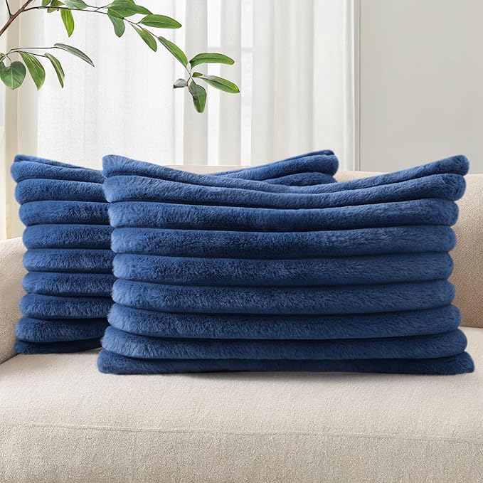 Pallene Faux Fur Plush Lumbar Throw Pillow Covers 12x20 Set of 2, Luxury Soft Fluffy Striped Decorative Pillow Covers for Sofa, Couch, Living Room, Navy Blue
