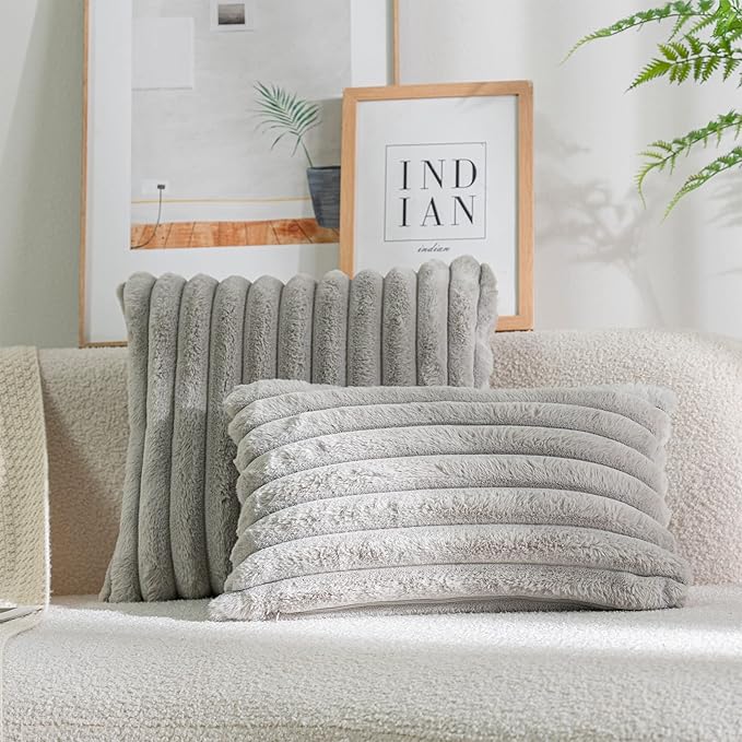 DEELAND Pack of 2,Double-Sided Faux Fur Plush Decorative Throw Pillow Covers Fuzzy Striped Soft Pillowcase Cushion Covers for Sofa Couch Bedroom Lightgrey 16x16 inch