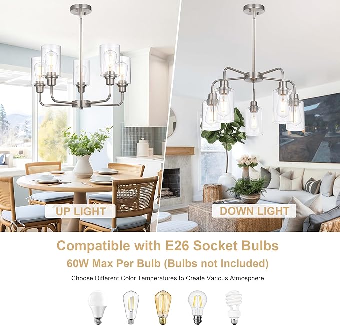 5-Light Brushed Nickel Chandelier with Clear Glass Shades, E26 Base Modern Pendant Light Fixture, Adjustable Swivel Heads Ceiling Lighting, Farmhouse Chandelier for Dining Room Kitchen Hallway