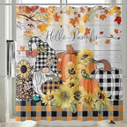 Fall Gnome Plaid Pumpkin Shower Curtain Autumn Maple Leaves Sunflower Orange Plaid Thanksgiving Farmhouse Bathroom Curtains Waterproof Polyester Fabric Bath Curtain 72 x 72 Inch with 12 Hooks