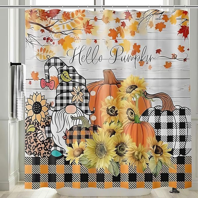 Fall Gnome Plaid Pumpkin Shower Curtain Autumn Maple Leaves Sunflower Orange Plaid Thanksgiving Farmhouse Bathroom Curtains Waterproof Polyester Fabric Bath Curtain 72 x 72 Inch with 12 Hooks