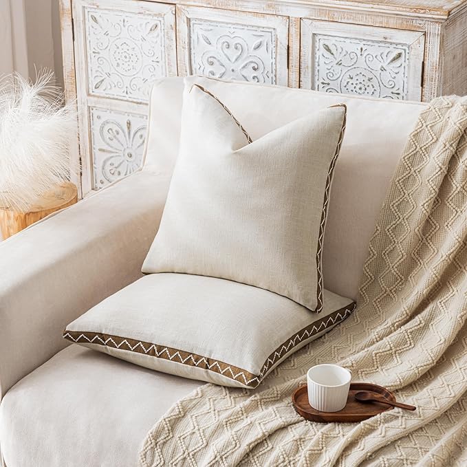 Decorative Neutral Linen Throw Pillow Covers 20x20 Inch Set of 2, Boho Farmhouse Pillow Covers with Braid Fringe for Sofa Bed Modern Couch Pillow Cases for Organic Home Decor