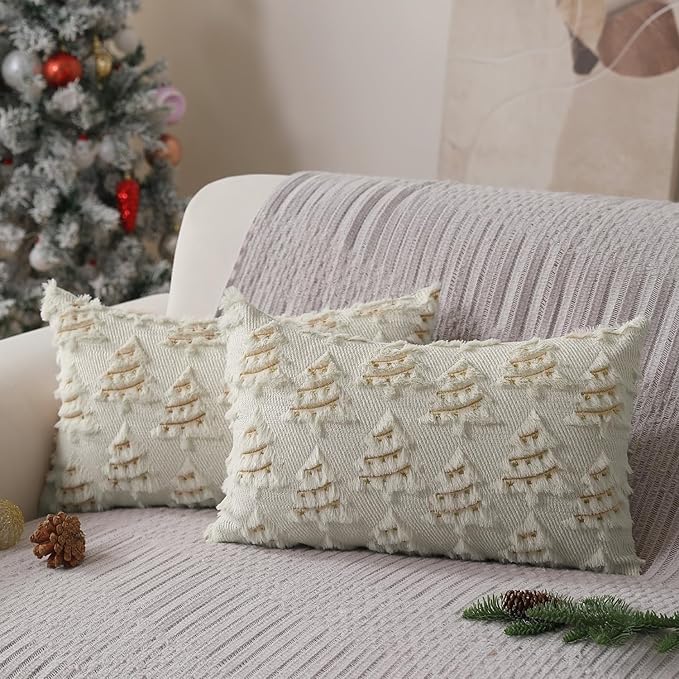 Christmas Pillow Covers 12x20 inch Set of 2 Soft Plush Christmas Decor Cream White Xmax Tree Yellow Colored Lights Decoration Throw Pillow Case for Winter Holiday Sofa Living Room PT003D12