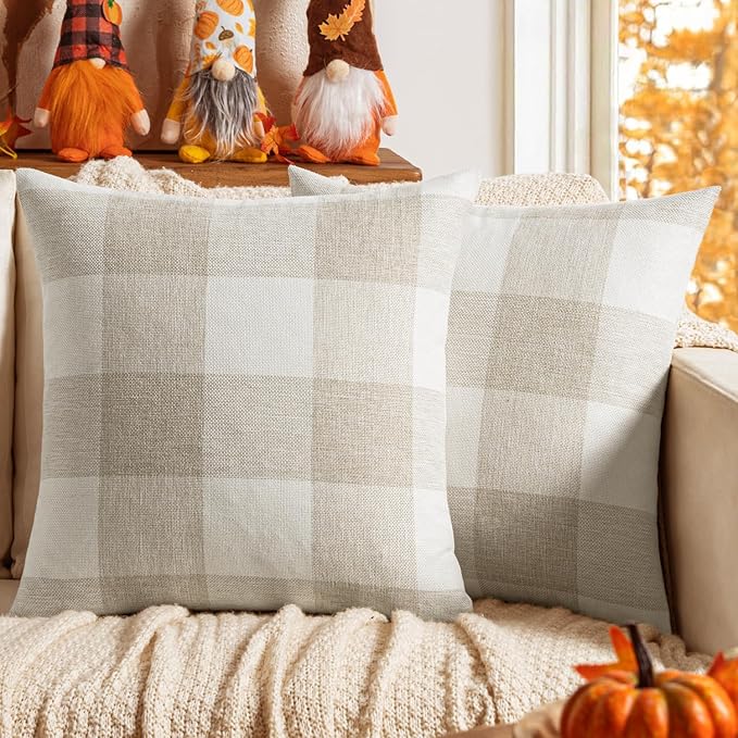 MIULEE Pack of 2 Farmhouse Buffalo Check Plaids Polyester Linen Soft Soild Square Throw Pillow Covers Cream White Home Decor Outdoor Cushion Case for Sofa Bedroom 20 x 20 Inch