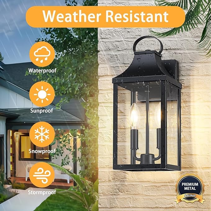 15" Dusk to Dawn Black Outdoor Wall Lantern 2-Light, Outside Modern Wall Sconce Light Fixture, Industrial Porch Light with E12 Sockets, Waterproof Exterior Lamp Lighting, Black