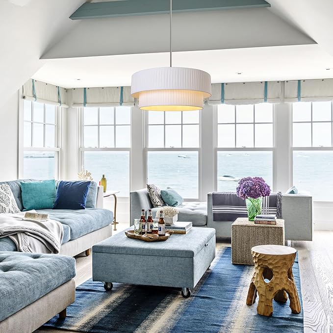 LamQee Large Farmhouse Drum Chandelier, 2-Layer 23.6inch Ceiling Light Fixture Nickel with Fabric Shade Modern Pendant Hanging Light for Dining Room Living Room Bedroom Kitchen Island