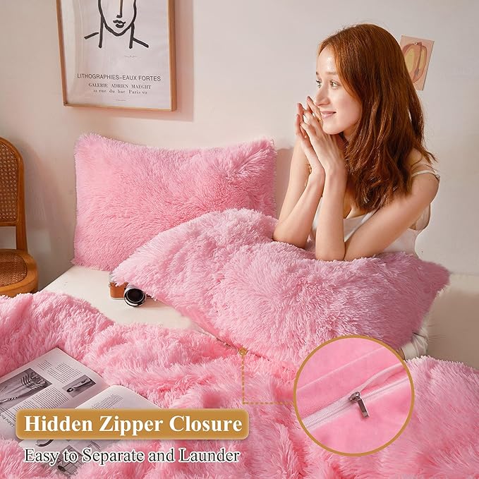 XeGe Faux Fur Throw Pillow Cases, Plush Shaggy Ultra Soft Pillow Covers, Fluffy Crystal Velvet Decorative Pillowcases, Furry Fuzzy Pillow Shams Zipper Closure, Set of 2 (King, Light Pink)