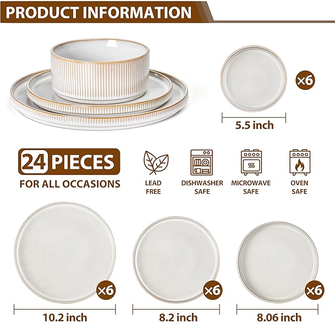 LIANYU 24 Piece Stoneware Plates and Bowls Dishes Set for 6, Dinnerware Sets with Pasta Bowls, Ribbed Dining Ware Dishware for Home Wedding, Microwave and Dishwasher Safe, Dawn Beige