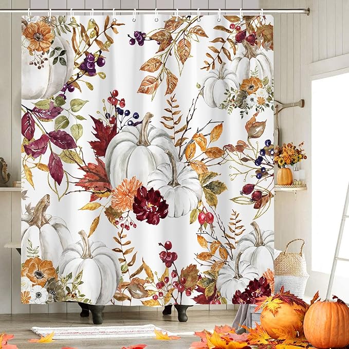 Fall Boho Shower Curtain Set, Rustic Autumn Harvest Pumpkins Leaves Yellow Gold Floral Shower Curtains, Farmhouse Fall Thanksgiving Harvest Shower Curtain for Bathroom, 72"X72" with Hooks Fabric