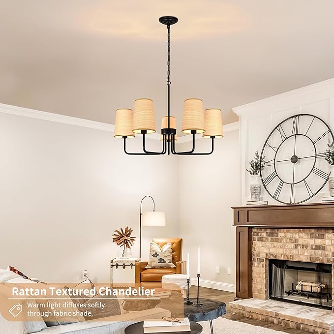 28" Black Boho Rattan Chandelier for Living Room 5-Light Coastal Farmhouse Chandeliers for Dining Room Adjustable Rustic Boho Pendant Light Fixture Bedroom Kitchen Island Entryway Foyer