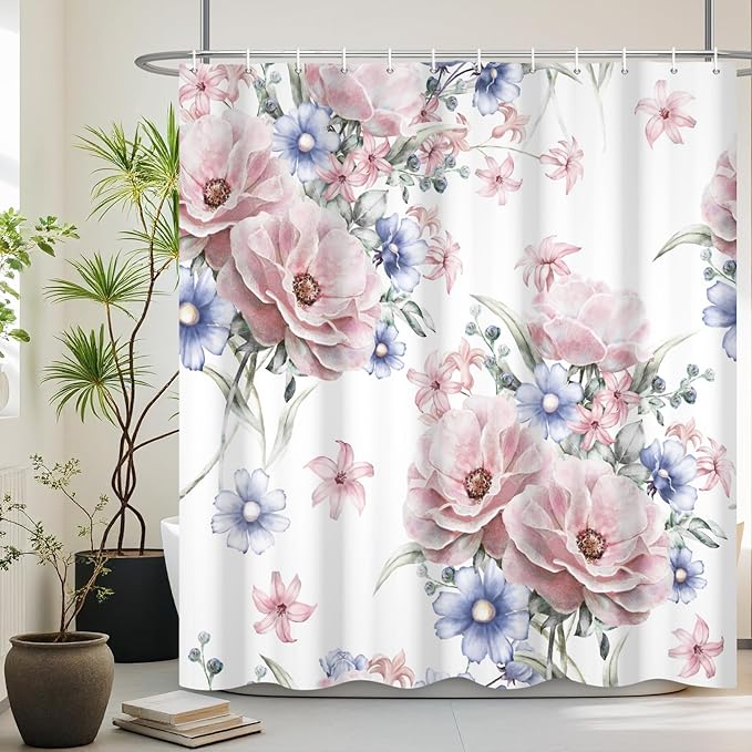 Colorful Floral Shower Curtain Watercolor Flower Modern Design Bathroom Curtain Girls Pretty Plant Decor Shower Curtain with Hooks Waterproof Polyester Fabric 72x96 Inch
