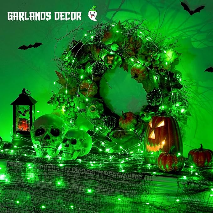 JMEXSUSS 2 Pack Green Fairy Lights Battery Operated, Total 200 LED 66ft Twinkle String Lights with Remote, 8 Modes Halloween Lights for Tree Wreath Fireplace Indoor Outdoor Xmas Halloween Decor