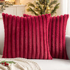 MIULEE Faux Fur Christmas Decorative Throw Pillow Covers 20x20 Inch Set of 2, Modern Spring Home Decor Soft Plush Couch Pillows Cozy Fluffy Cushion Covers for Sofa Bed Burgundy