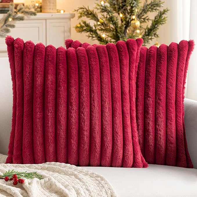 MIULEE Faux Fur Christmas Decorative Throw Pillow Covers 20x20 Inch Set of 2, Modern Spring Home Decor Soft Plush Couch Pillows Cozy Fluffy Cushion Covers for Sofa Bed Burgundy