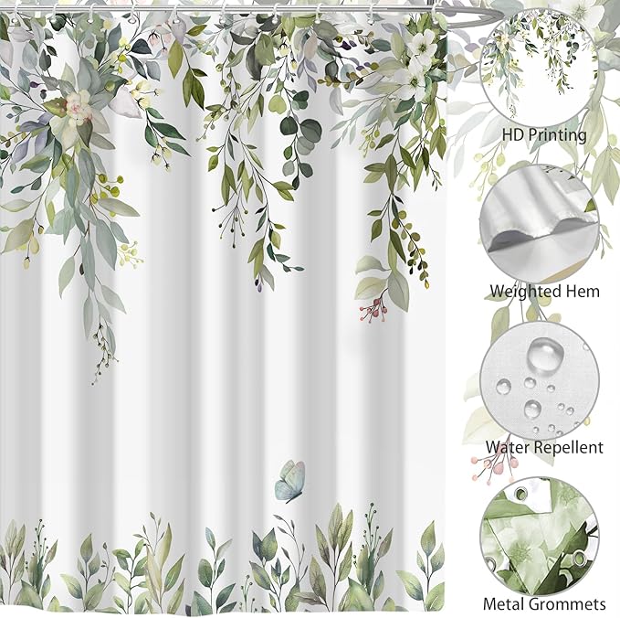Eucalyptus Shower Curtain, Sage Green Watercolor Leaves with Floral Botanical Bathroom Decor, Waterproof Fabric Bath Curtain Set with Hooks, 72x84 Inches