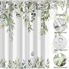 Eucalyptus Shower Curtain, Sage Green Watercolor Leaves with Floral Botanical Bathroom Decor, Waterproof Fabric Bath Curtain Set with Hooks, 72x84 Inches