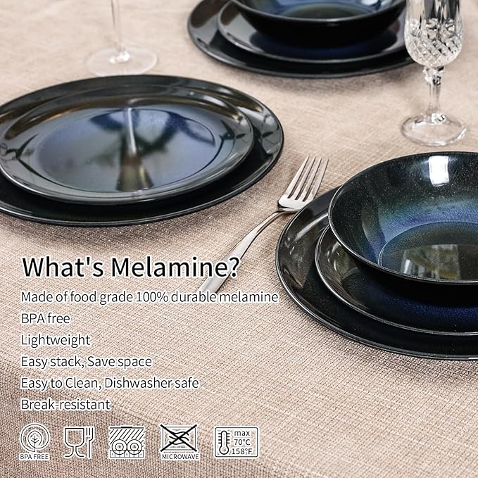 Melamine Dinnerware Set, 12pcs Plates and Bowls Set, Blue Dinner Dishes Set for Indoor and Outdoor, BPA-Free, Dishwasher Safe