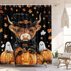 Halloween Cow Shower Curtain, Rustic Fall Pumpkin Spooky Ghost Shower Curtain Set with Hooks, Farmhouse Autum Funny Bull Witch Hat Thanksgiving Harvest Bathroom Curtain, 72X72In Orange Black
