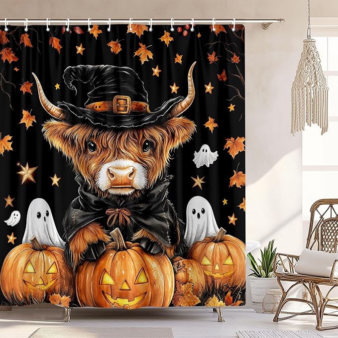 Halloween Cow Shower Curtain, Rustic Fall Pumpkin Spooky Ghost Shower Curtain Set with Hooks, Farmhouse Autum Funny Bull Witch Hat Thanksgiving Harvest Bathroom Curtain, 72X72In Orange Black