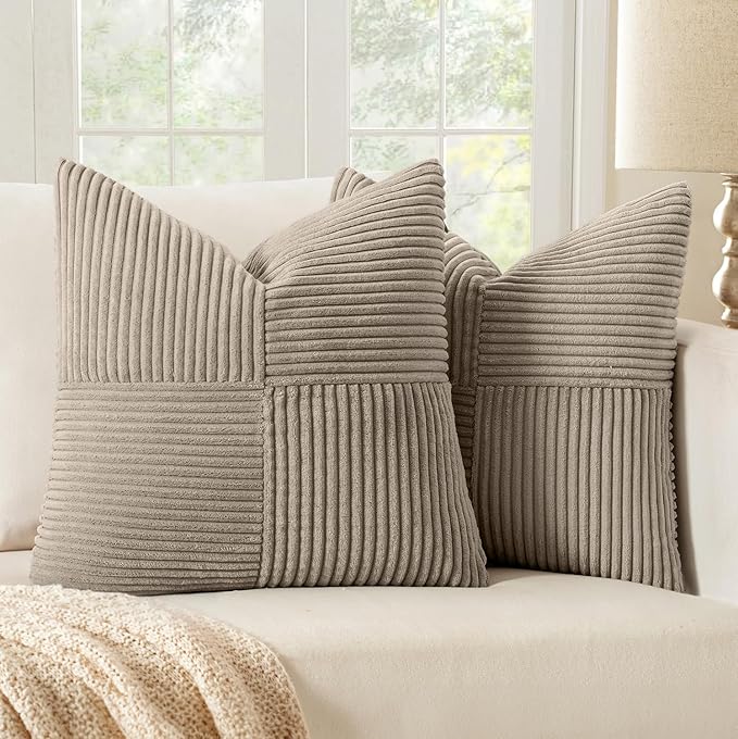 MIULEE Light Brown Corduroy Pillow Covers Pack of 2 Boho Decorative Spliced Throw Pillow Covers Soft Solid Couch Pillowcases Cross Patchwork Textured Cushion Covers for Living Room Bed Sofa 18x18 inch