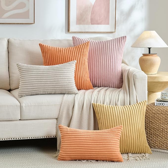 Fancy Homi Set of 2 Mustard Yellow Boho Decorative Throw Pillow Covers 24x24 Inch for Bedroom Couch Bed, Soft Fuzzy Cozy Striped Corduroy Cushion Case, Bohemian Home Decor, Bohemian Fall Home Décor