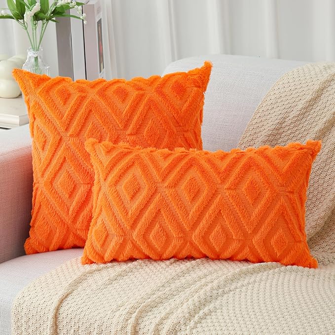 Pallene Orange Throw Pillow Covers 16x16 Set of 2, Soft Plush Faux Fur Decorative Couch Pillow Covers for Sofa Bed Living Room Pillow Cases with 3D Diamond Pattern