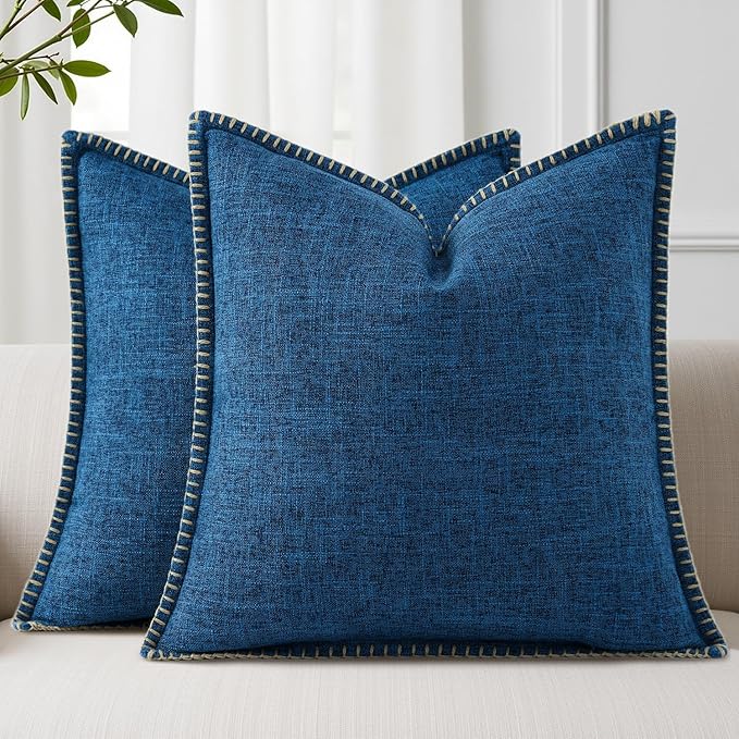 decorUhome Decorative Outdoor Throw Pillow Covers 16x16 Set of 2, Square Linen Rustic Neutral Farmhouse Euro Pillow Covers with Stitched Edge for Couch, Sofa, Living Room, Dark Blue