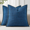 decorUhome Decorative Outdoor Throw Pillow Covers 16x16 Set of 2, Square Linen Rustic Neutral Farmhouse Euro Pillow Covers with Stitched Edge for Couch, Sofa, Living Room, Dark Blue