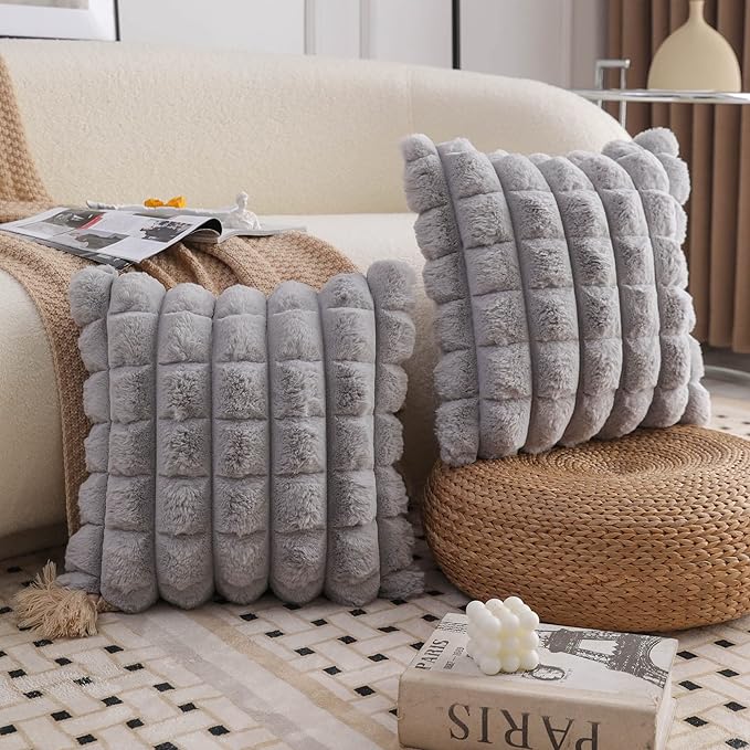 Neelvin Grey Faux Fur Cozy Soft Plaid Decorative Throw Pillow Covers 22x22 inch Set of 2,Velvet Pillowcase Cushion Case for Sofa Couch