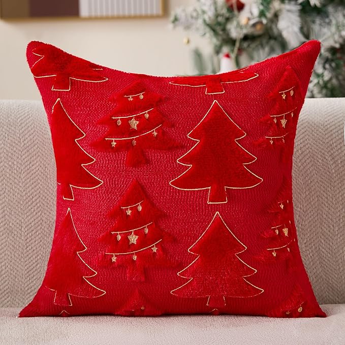 Christmas Pillow Covers 18x18 inch Set of 2 Soft Plush Faux Fur Christmas Decor Red Xmax Tree Yellow Colored Lights Decoration Throw Pillow Case for Winter Holiday Sofa Living Room PT013B18