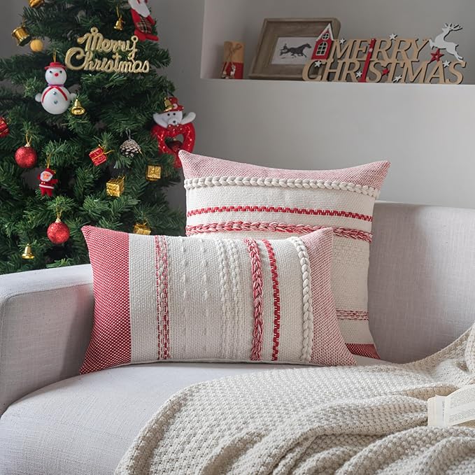 Christmas Pillow Covers 12x20 Inch Set of 2, Red Textured Boho Christmas Decorative Couch Pillow Cases for Farmhouse Home Decor, Accent Cushion Cover for Sofa, Bed, Living Room, Bedroom