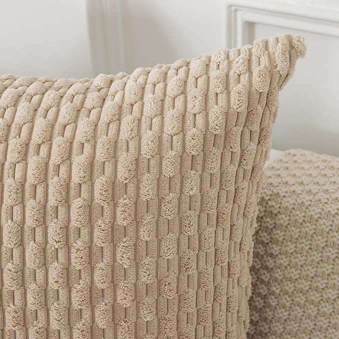 Kevin Textile Throw Pillow Covers Soft Corduroy Decorative Set of 2 Boho Striped Pillow Covers Pillowcases Farmhouse Home Decor for Couch Bed Sofa Living Room 18x18 Inch Beige