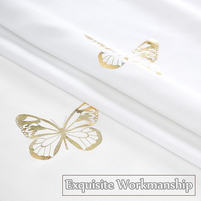 Jubilantex White Gold Butterfly Shower Curtain for Bathroom Farmhouse Waterproof Bathroom Decorative Rustic Kids Shower Curtain with 12 Rust Proof Grommets for Spa Hotel, 70x76 Inches