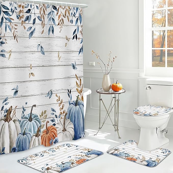MEHOFOND 4pcs Fall Pumpkin Shower Curtain Set,Autumn Watercolor Blue White Pumpkin Shower Curtain Set,Farmhouse Eucalyptus Leaves Rustic Wood Bathroom Decor,Thanksgiving Holiday Curtains Set 72x72 in