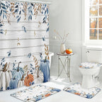 MEHOFOND 4pcs Fall Pumpkin Shower Curtain Set,Autumn Watercolor Blue White Pumpkin Shower Curtain Set,Farmhouse Eucalyptus Leaves Rustic Wood Bathroom Decor,Thanksgiving Holiday Curtains Set 72x72 in