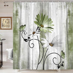Rustic Farmhouse Shower Curtain, Farm Sage Green Daisy Floral Flowers and Butterfly on Country Wooden Forest Green for Bathroom, Olive Green With 12PCS Hooks, 48X70IN