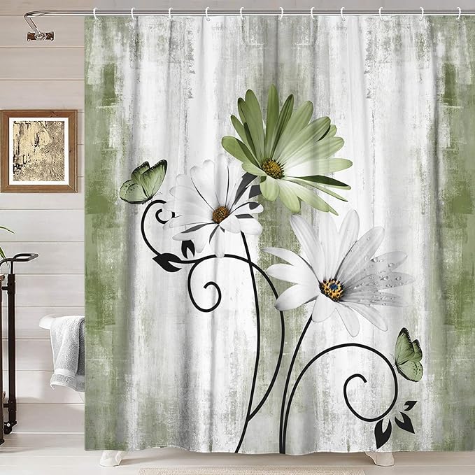 Rustic Farmhouse Shower Curtain, Farm Sage Green Daisy Floral With Butterfly on Country Wooden Forest Green for Bathroom, Olive Green With 12PCS Hooks, 70X70IN