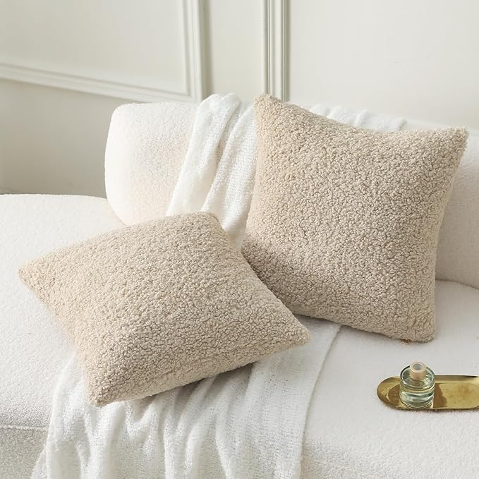 FUTEI Beige Throw Pillow Covers 16x16 Inch Set of 2,Furry Faux Fur Teddy Boucle Textured Cushion Covers,Soft Fluffy Decorative Pillow Case,Home Decor for Couch Bed Living Room Office Car