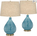 360 Lighting Kayley 24" High Small Mid Century Modern Coastal Table Lamps Set of 2 Blue Ceramic Linen Shade Living Room Bedroom Bedside Nightstand House Office Home Reading Kitchen Entryway Console